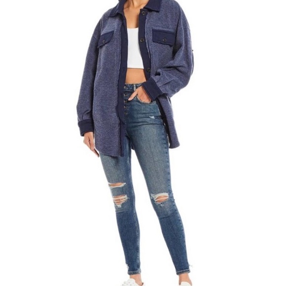 NWT Free People Blue Ruby Fleece Button Up Elbow Patch Shirt Jacket Large - Picture 2 of 8